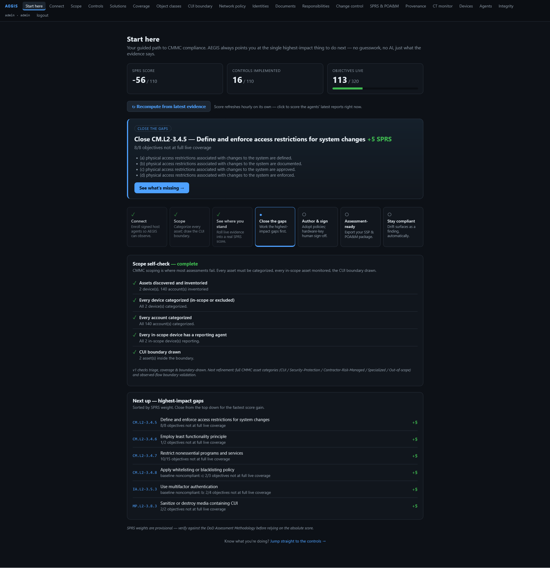 AEGIS Start here — the guided compliance path with a live SPRS score